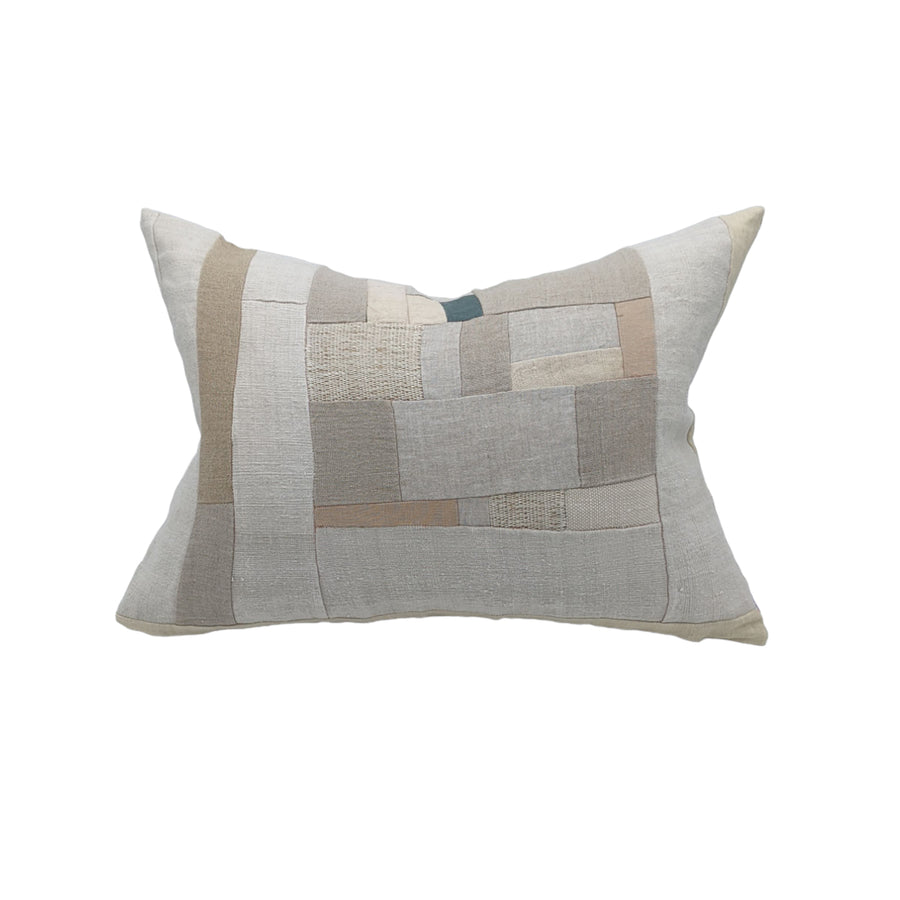 Cody Pillow in Ivory and Tan Piecework with teal accents