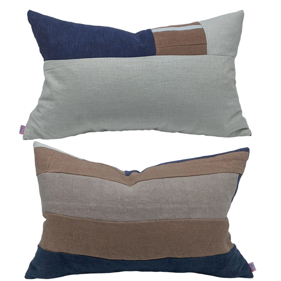 Pascha Lumbar Pillow - Linen Piecework Pale Blue and Brown