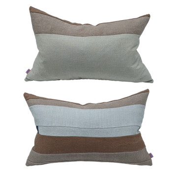 Pascha Lumbar Pillow - Linen Piecework Pale Blue and Brown