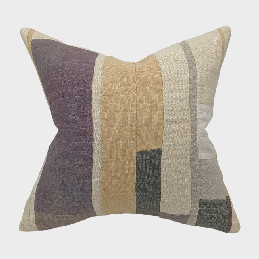 Linen Piecework Pillow- Adele - Yellow and Plum