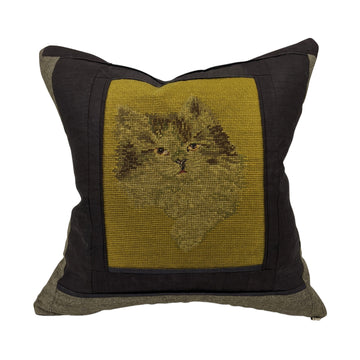 Needlepoint Pillow - Surly Cat - Gold and Brown