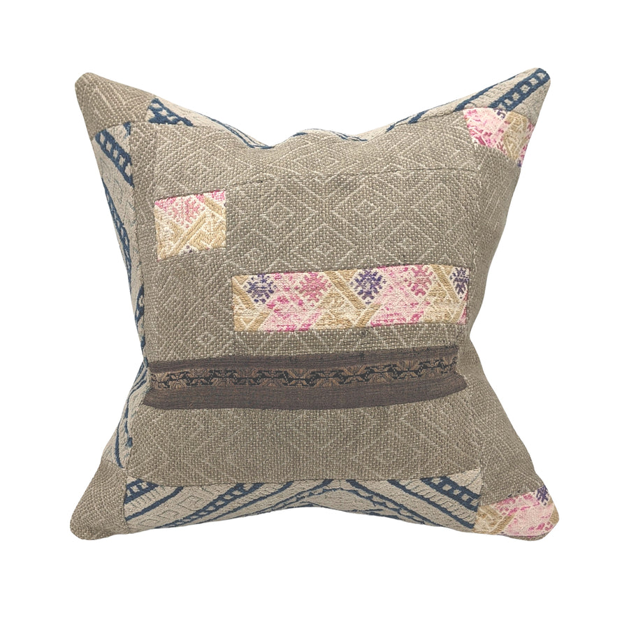 Dowry Textile Piecework Hazel Pillow in Gray with pink accents