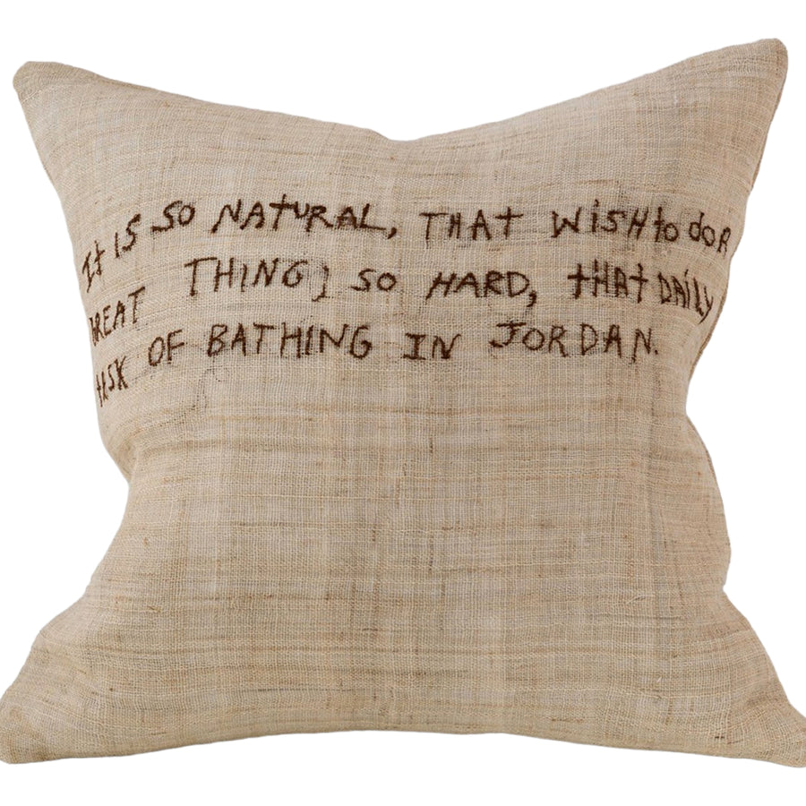 Embroidered Text Hemp Jordan Pillow in Tan Hemp