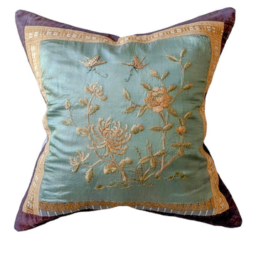 Embroidered Flowers - Lycia Pillow Pale Teal