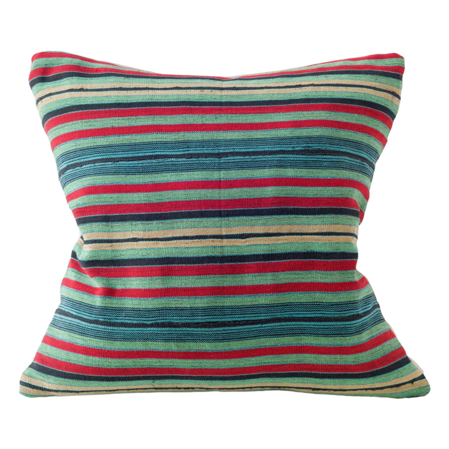 Narrow loom stripe- Omu Pillow - green and red and turquoise